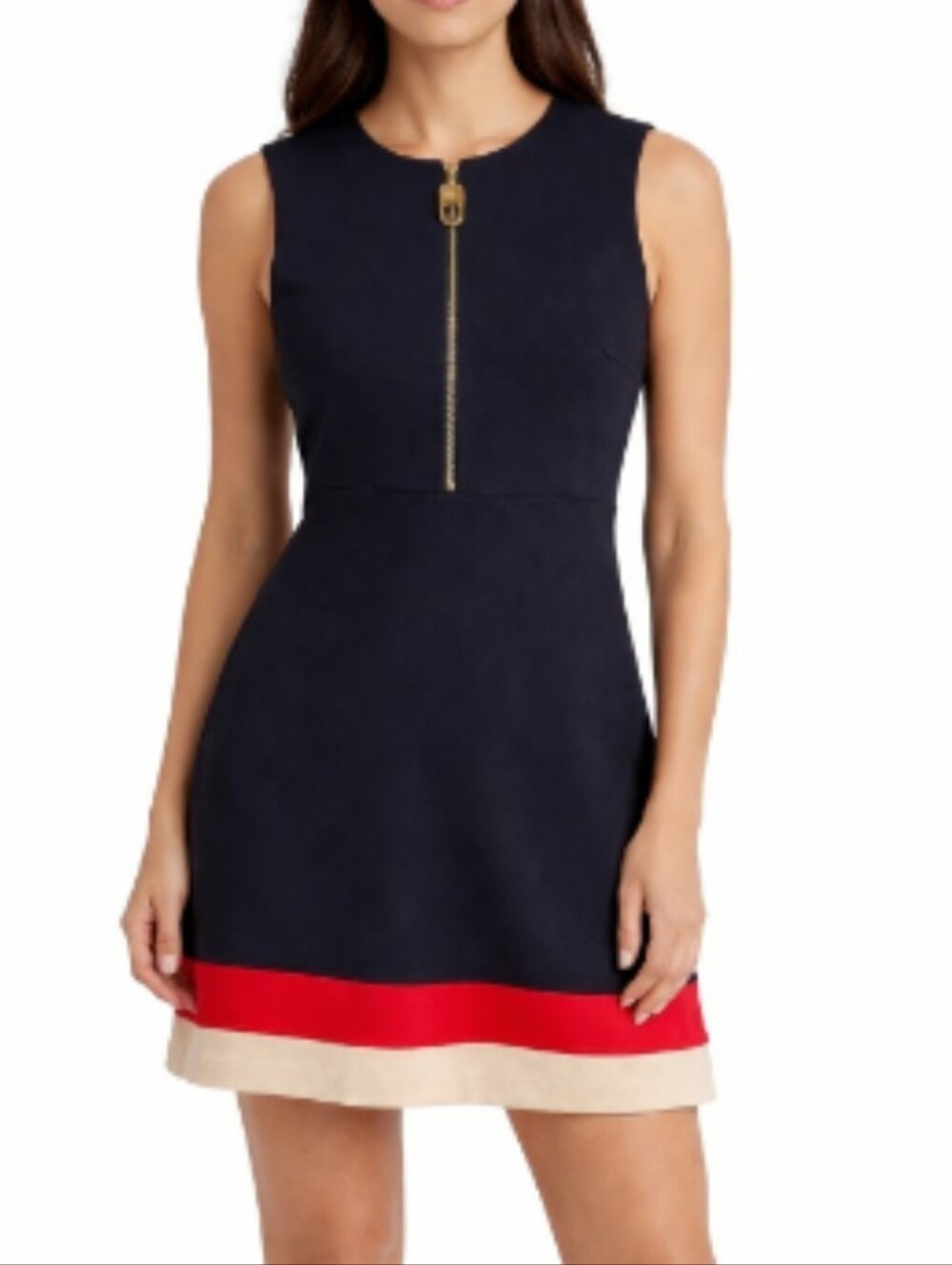 Calvin Klein Sleeveless Black Colorblock Gold Zip-Front Dress